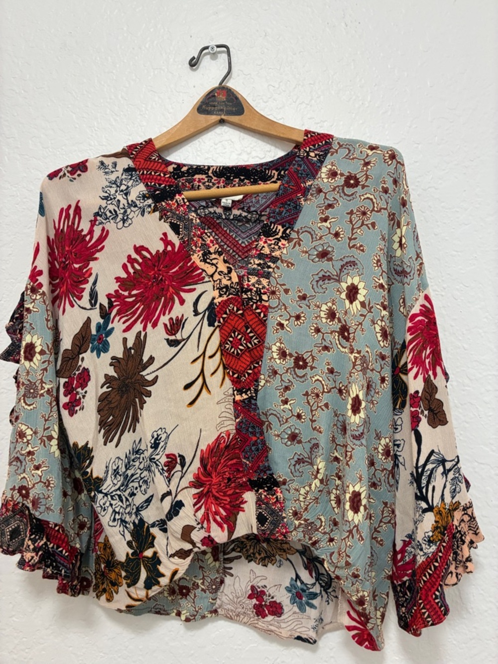 Umgee Multicolor Floral Patchwork V-Neck Blouse small